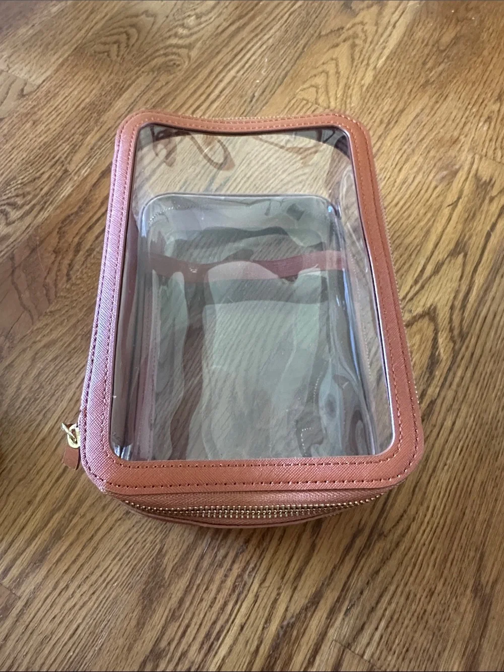 Clear Travel Toiletry Bag in Brown with Gold Zippers